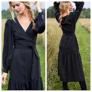 Emerson Fry Marigot Tiered Wrap Dress Black V-Neck Puff Sleeves Midi XS/S